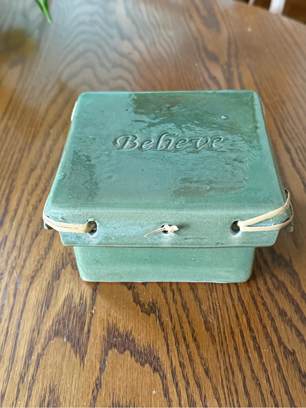 Believe Ceramic Trinket Box Green With Straw Accents